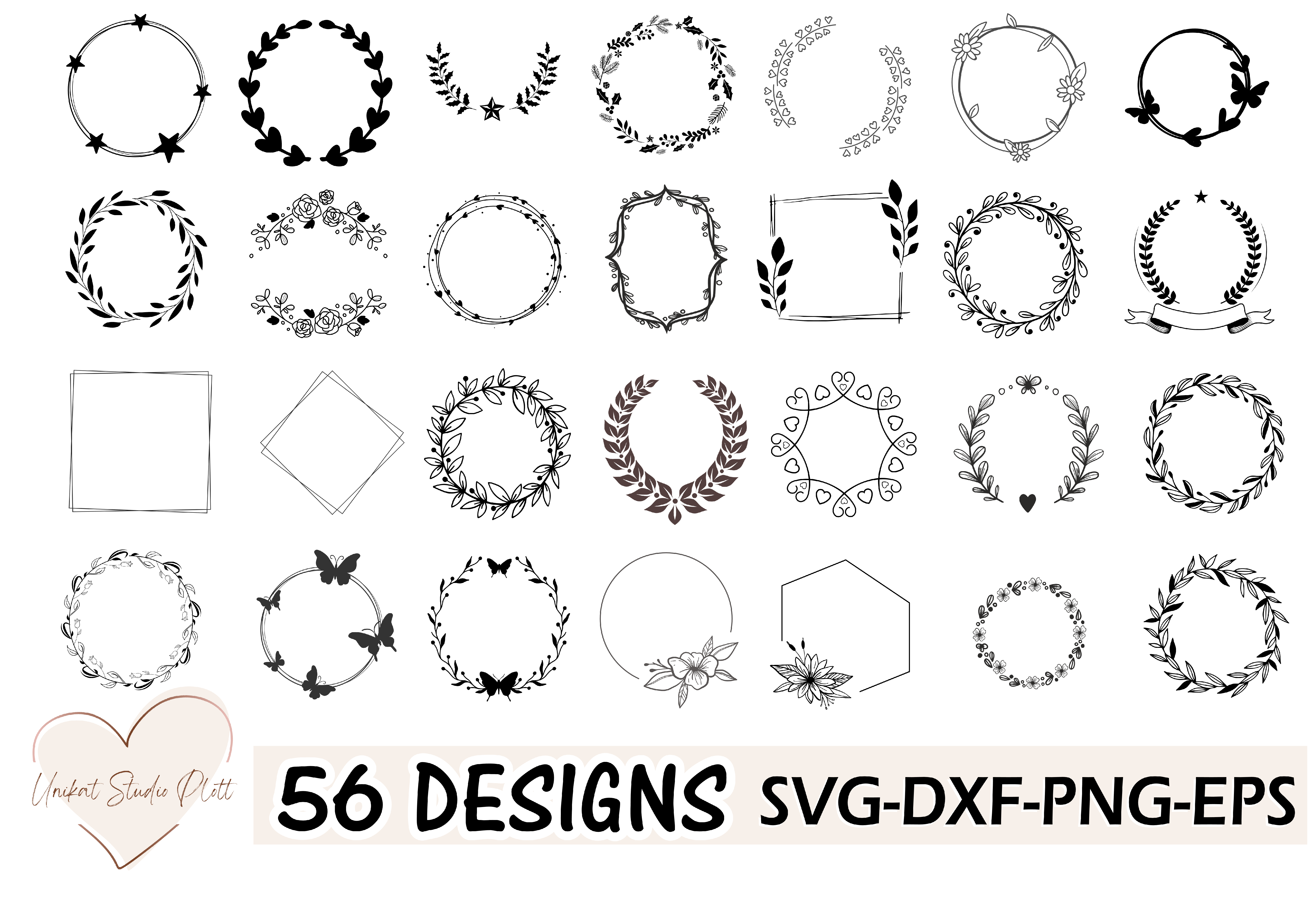 Plotterdatei  Kranz Rahmen, 56 Wreaths Designs  SVG DXF PNG